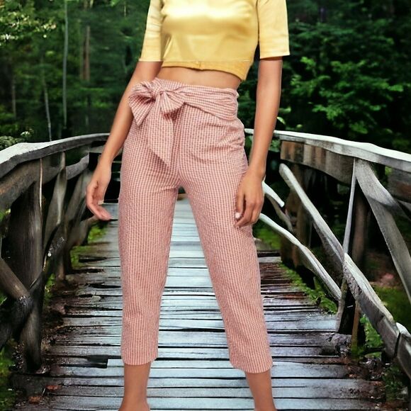 Free People West Side Tie Orange Gingham Check Seersucker Taper Leg Cropped Pant - Picture 2 of 12